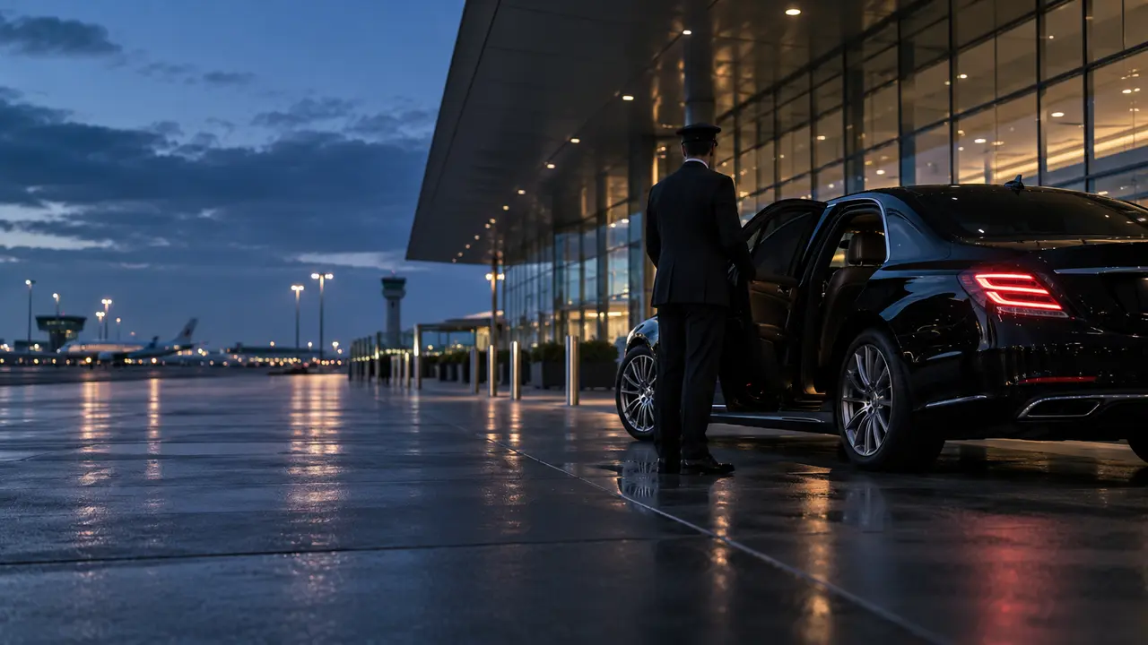 Executive chauffeur welcoming a passenger at an airport terminal